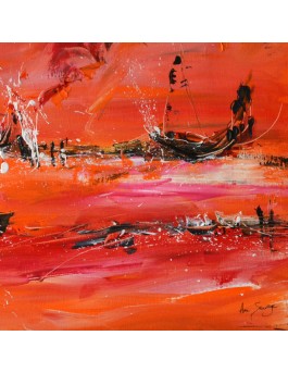Bateaux sur le monde - tableau abstrait orange