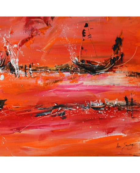 Bateaux sur le monde - tableau abstrait orange