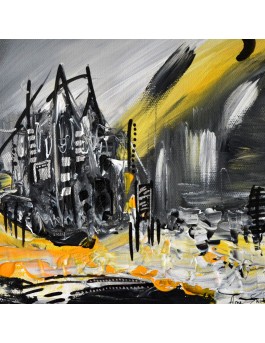 Maison isolée - tableau abstrait noir et jaune