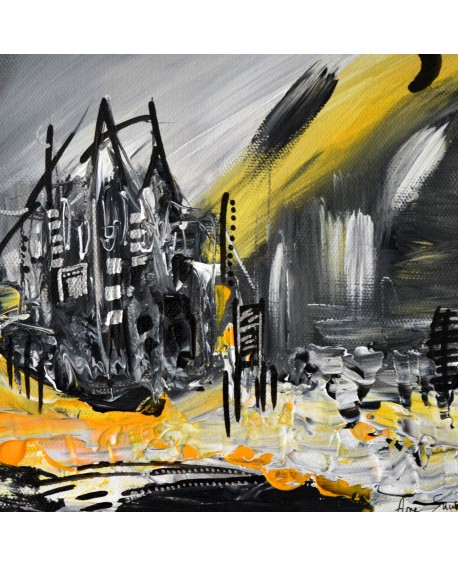 Maison isolée - tableau abstrait noir et jaune