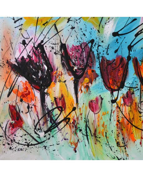 Tulipes - peinture abstraite de fleurs sur plaque de bois