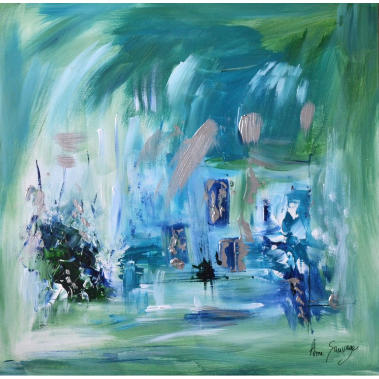 tableau abstrait vert et bleu