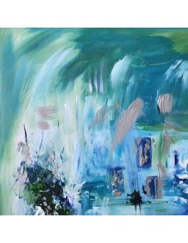tableau abstrait vert et bleu sur plaque de bois