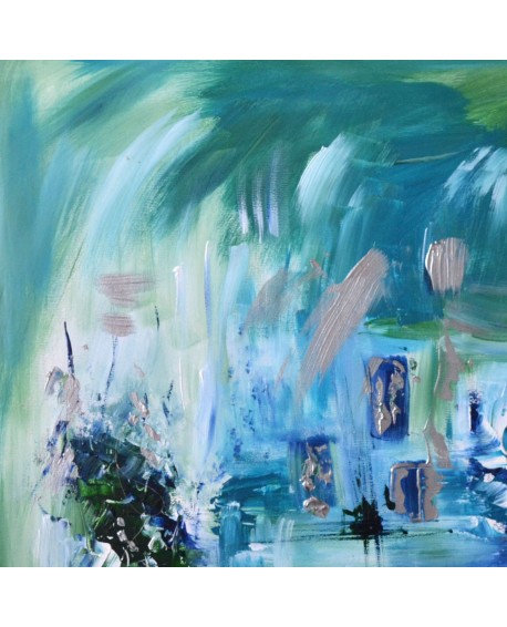 tableau abstrait vert et bleu sur plaque de bois