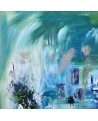 tableau abstrait vert et bleu sur plaque de bois