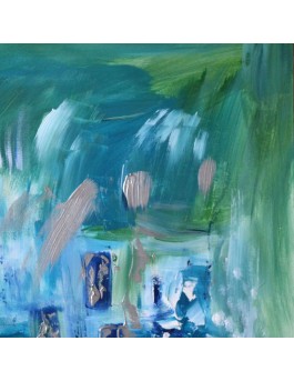 tableau abstrait vert et bleu sur plaque de bois
