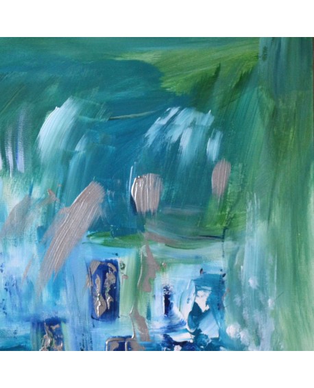 tableau abstrait vert et bleu sur plaque de bois