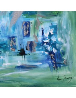 tableau abstrait vert et bleu sur plaque de bois