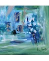 tableau abstrait vert et bleu sur plaque de bois