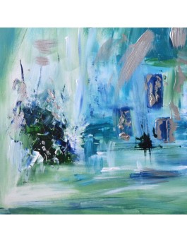 tableau abstrait vert et bleu sur plaque de bois