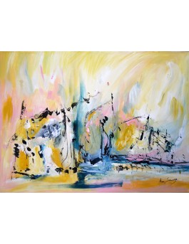 Tableau abstrait jaune bleu rose