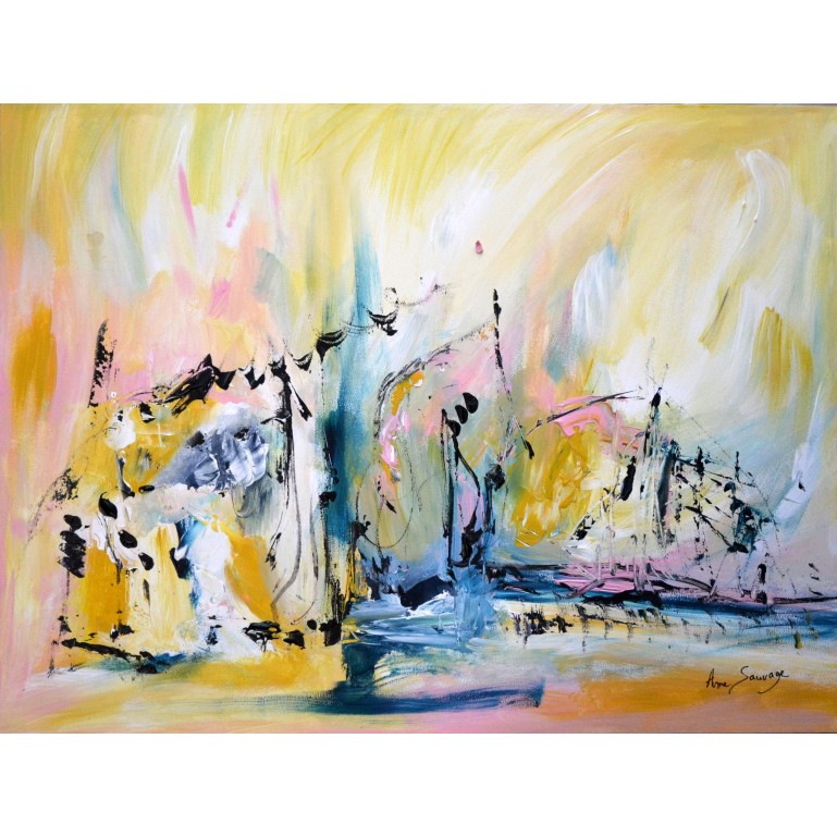 Tableau abstrait jaune bleu rose