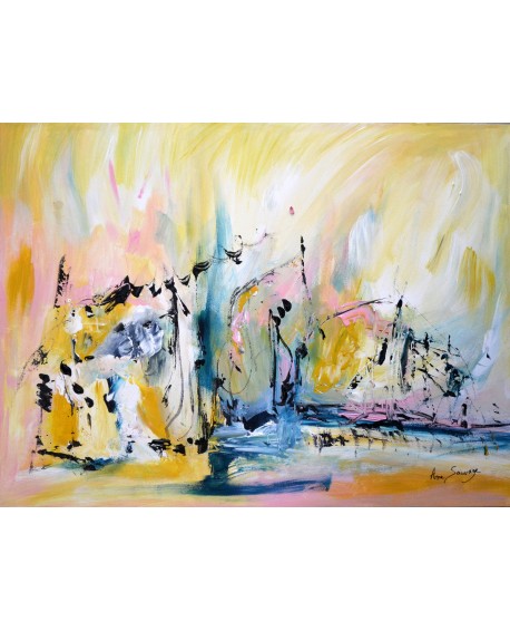 Tableau abstrait jaune bleu rose