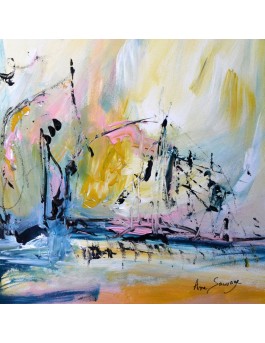 Tableau abstrait jaune bleu rose