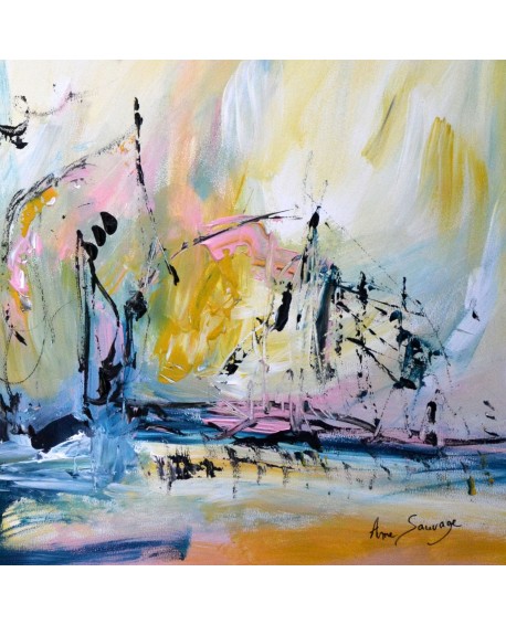 Tableau abstrait jaune bleu rose