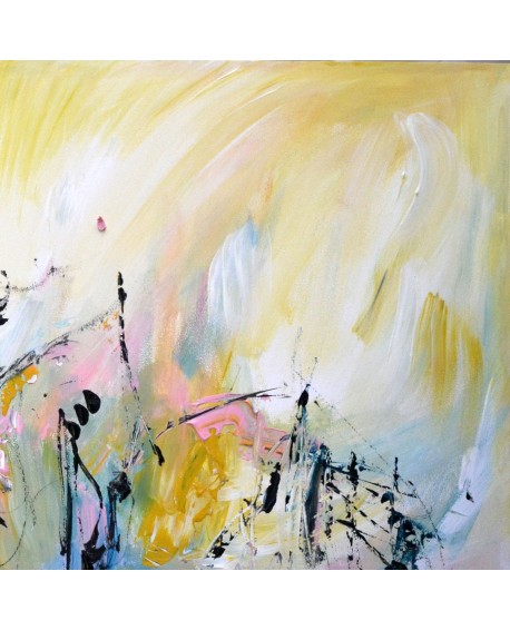 Tableau abstrait jaune bleu rose
