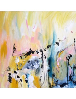 Tableau abstrait jaune bleu rose