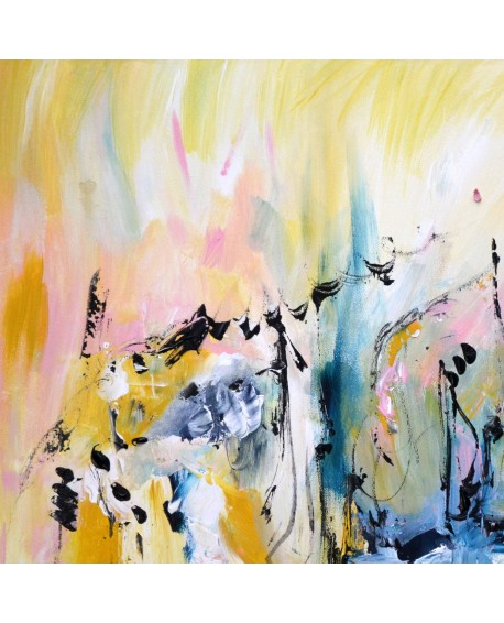 Tableau abstrait jaune bleu rose