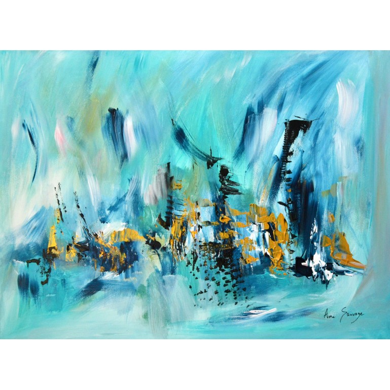 Tableau abstrait bleu turquoise sur plaque de bois