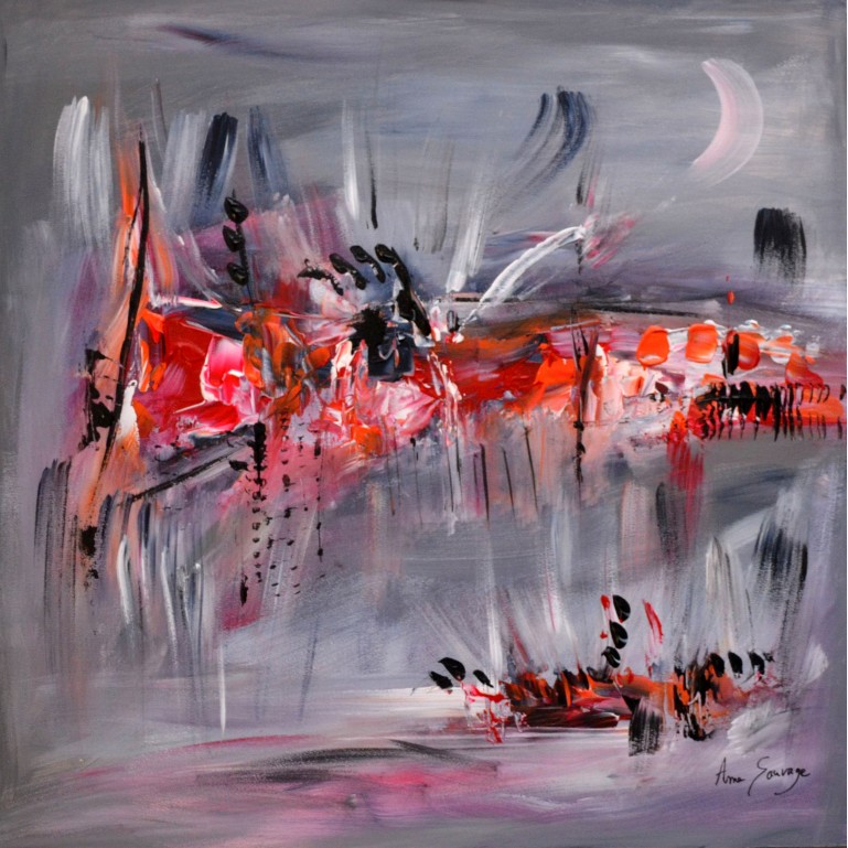 Tableau abstrait gris orange rouge