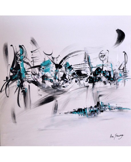 tableau abstrait noir et blanc touche de bleu