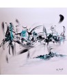 tableau abstrait noir et blanc touche de bleu