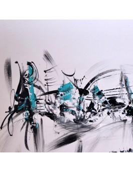 tableau abstrait noir et blanc touche de bleu