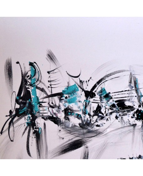 tableau abstrait noir et blanc touche de bleu