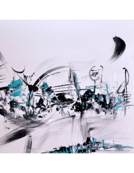 tableau abstrait noir et blanc touche de bleu