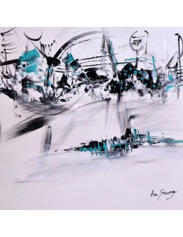tableau abstrait noir et blanc touche de bleu