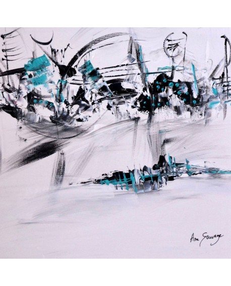 tableau abstrait noir et blanc touche de bleu