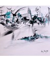 tableau abstrait noir et blanc touche de bleu
