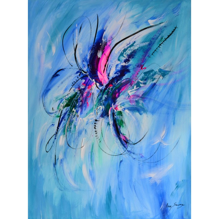 tableau abstrait bleu vertical papillon