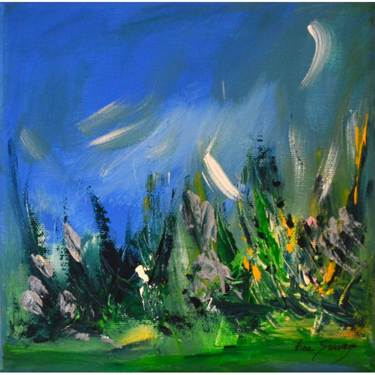 tableau abstrait bleu vert nature