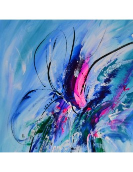 Le papillon magnifique - tableau abstrait bleu vertical sur plaque de bois