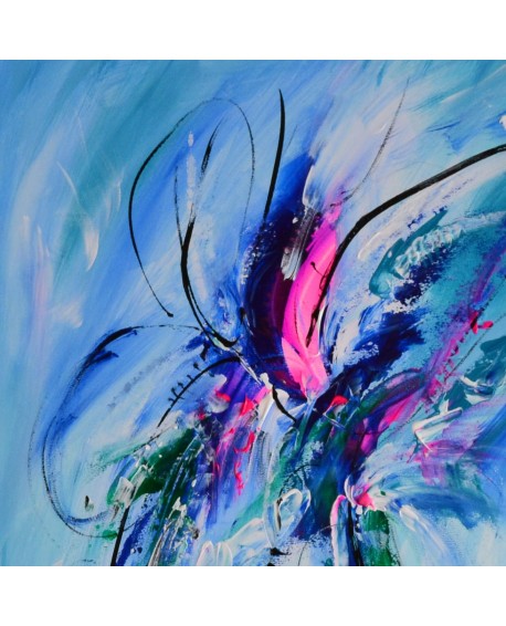 Le papillon magnifique - tableau abstrait bleu vertical sur plaque de bois
