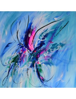 Le papillon magnifique - tableau abstrait bleu vertical sur plaque de bois