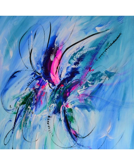 Le papillon magnifique - tableau abstrait bleu vertical sur plaque de bois