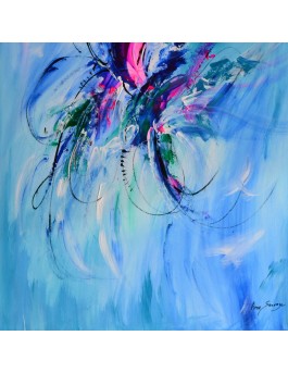 Le papillon magnifique - tableau abstrait bleu vertical sur plaque de bois
