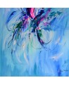Le papillon magnifique - tableau abstrait bleu vertical sur plaque de bois