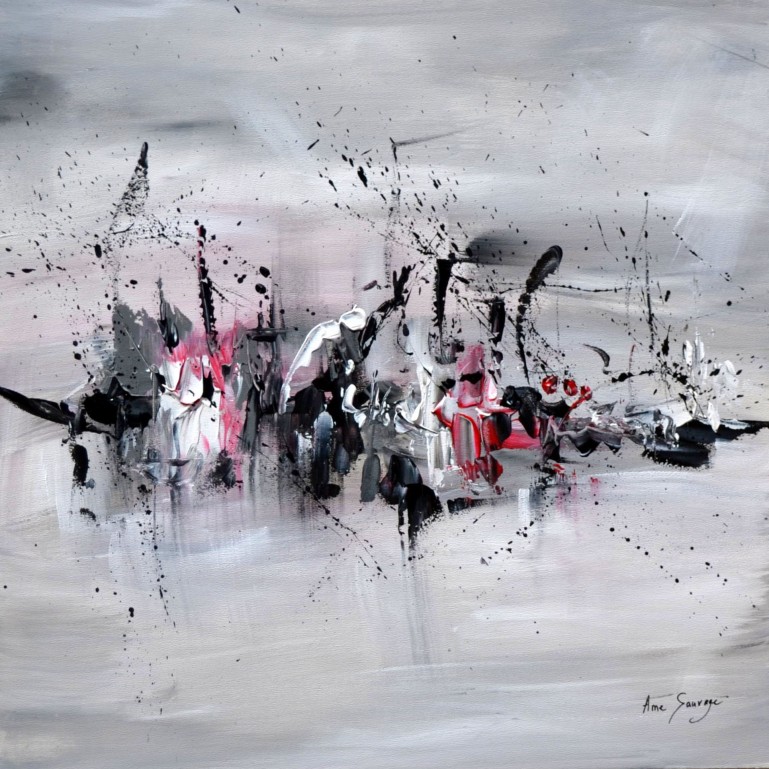 Tableau abstrait gris noir blanc roug