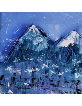 tableau abstrait bleu neige montagnes