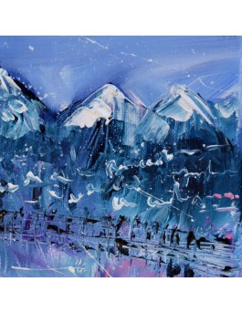 tableau abstrait bleu neige montagnes