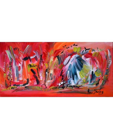 tableau abstrait rouge panoramique thème magie feerie