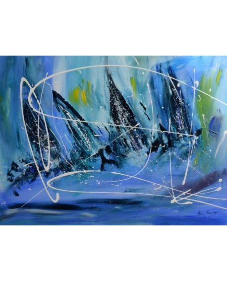 4 voiliers en mer - Peinture de bateaux sur plaque de bois