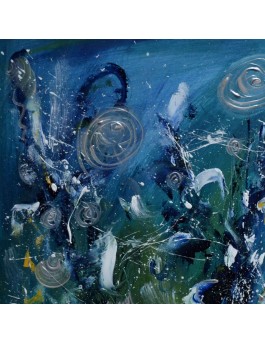 Bouquet galactique - tableau abstrait vert et bleu sur plaque de bois