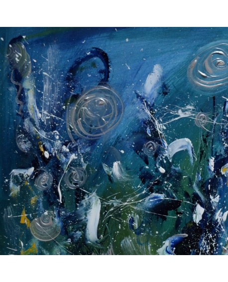 Bouquet galactique - tableau abstrait vert et bleu sur plaque de bois