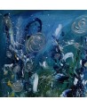 Bouquet galactique - tableau abstrait vert et bleu sur plaque de bois