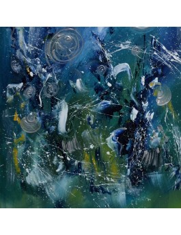 Bouquet galactique - tableau abstrait vert et bleu sur plaque de bois