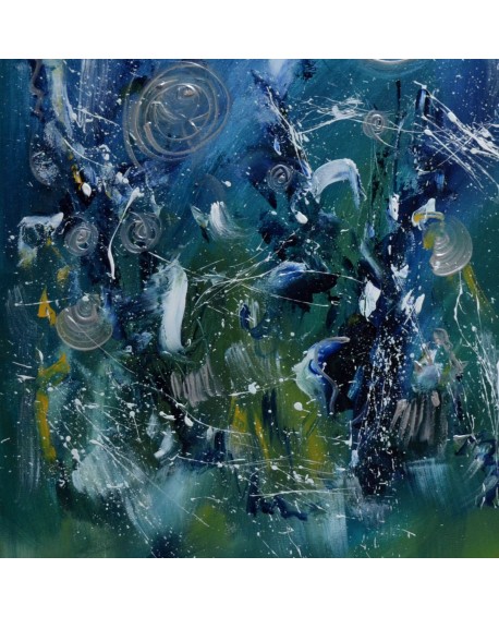 Bouquet galactique - tableau abstrait vert et bleu sur plaque de bois